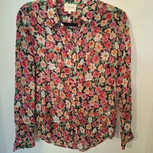 Sezane Pink and Red Floral Notched Collar Blouse